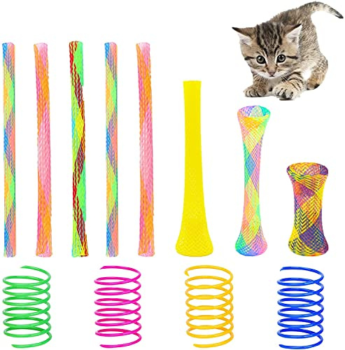 AIMICOCA 55 stycken kattfjäderleksaksset, färgglada kreativa interaktiva leksaker för kattens plastspiralfjädrar för att slå på, bita och jaga kattleksaker (slumpmässig färg)