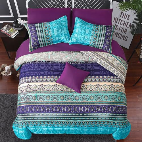King Size Bohemian Duvet Cover Purple and Blue Colorful Boho Bedding Set with 2 Pillowcases Soft Microfiber Moroccan Bed Cover 220cm X 230cm