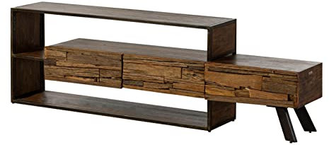 MASSIVMOEBEL24.DE | City TV-Board aus Massivholz inkl. LED-Beleuchtung #04 aus Akazienholz/Altholz - Braun lackiert 195 x 40 x 60 cm 3 Schubladen + 2 Fächer Lowboard
