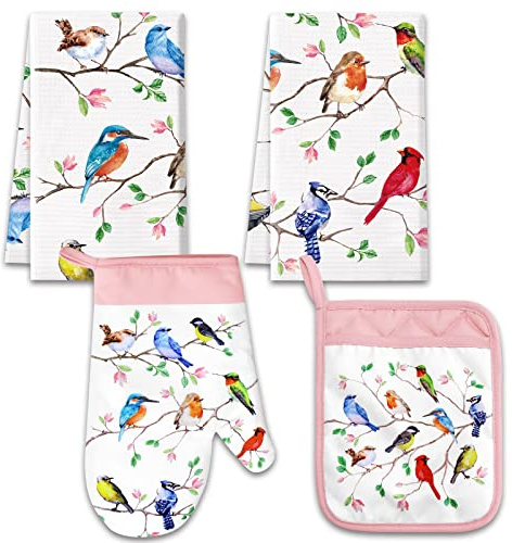 Vansolinne Birds Kitchen Dish Towels Pot Holder Oven Mitt with Loop Kit Spring Gifts for Bird Lovers Teacher Women Mom Birdies on Wire Cardinal Hummingbird for BBQ Grilling Microwave Cooking Baking