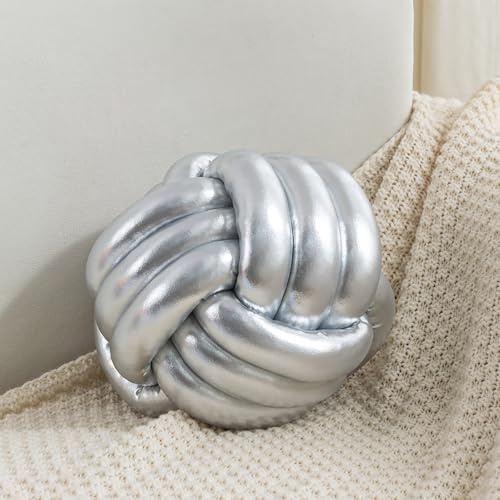 TESICA Handmade Round Knot Ball Pillow Plush Cushions Knotted Pillow Bedroom Decor Plush Knot Small Size 8Inch Silver