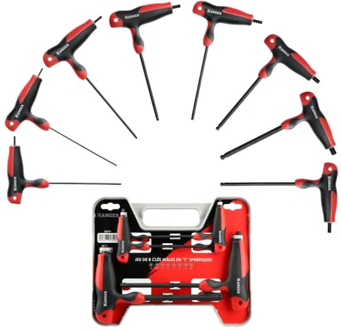 HANGER Clés Allen en T Jeu 8 Pièces avec Coffret de Rangement — Tailles 2 à 10 mm — Poignée Ergonomique Bi-matière — Embout Arrondi 30° — Chrome Vanadium