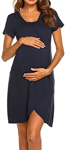PIYAX Camisón de Pijama de Maternidad con Cuello en V, Vestido de Lactancia, camisón de Lactancia para Parto, Ropa de Dormir para Mujeres Embarazadas, Ropa de Dormir para Embarazo