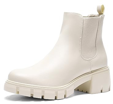 DREAM PAIRS Dam elastiska Chelsea ankelstövlar plattform låg tjock blockklack häl häl sula slip on höst klackade stövlar SDAB2316W, BEIgE, 40 EU