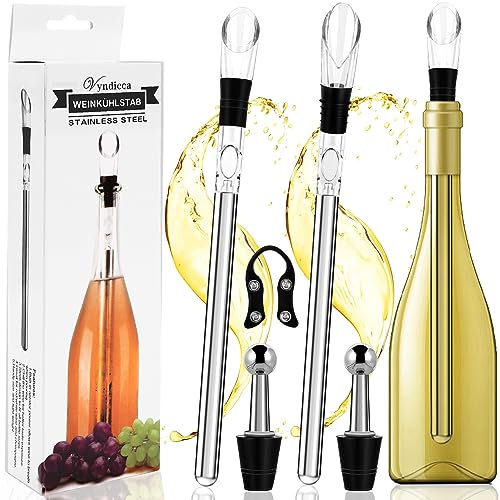 2 Stück Weinkühlstab,4-in-1Weinkühler Stab,Premium Wein Kühlstab aus Edelstahl mit 2 Stäben + 2 Ausgießer + 2 Flaschenverschluss und 1 Folienschneider für Weinliebhaber,Passend für jede Flaschengröße