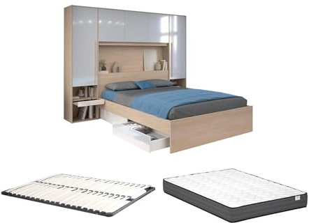 Vente-unique-Bett mit Stauraum + Lattenrost + Matratze - 140 x 190 cm - Mit LED-Beleuchtung - Holzfarben & glänzend weiß - VELONA