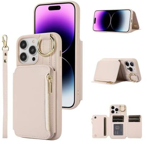 UEEBAI Crossbody Wallet Case for iPhone 14 Pro Max 6.7 inch, Card Holder Flip Case Kickstand RFID Blocking Phone Case PU Leather Zipper Purse Wrist Strap Lanyard Folio Cover for Women - White