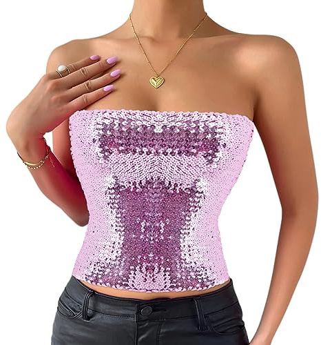 Naimo Damen Glitzer Pailletten Crop Top - Ärmellos Schulterfreies Sexy Trägerlos Tube Bandeau Bustier Rave Oberteil