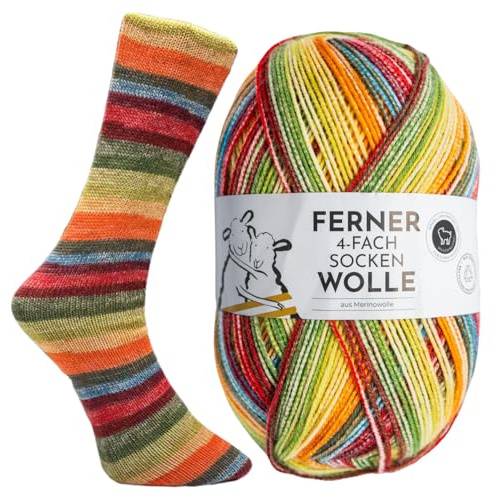 FERNER WOLLE Lungauer Sockenwolle 4-Fach Merino 48-73 - Regenbogen Grün-Rot