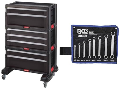 Keter Trolley Modul mit 7 Schubladen – Werkstattwagen für kleine und große Werkzeuge & BGS 30300 | Doppel-Ringschlüssel-Satz | extra flach | SW 6-22 mm | 8-TLG.