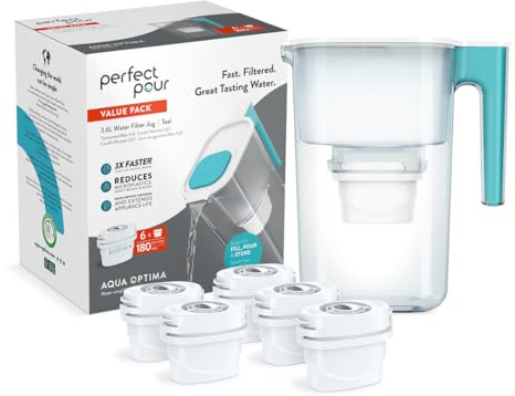 Aqua Optima Perfect Pour Caraffa Filtro Acqua e Cartucce Filtro Acqua 6 x 30 Giorni Evolve+, capacità 3,6 litri, per Riduzione di Microplastiche, Cloro, Calcare e Impurità, color tè blu
