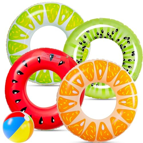 Hlisippa 5Pcs Pool Inflatables Floats for Adults, Swimming Pool Inflatables With Beach Ball, Fruit Rubber Ring for Swimming, Inflatable Pool Toys, Durable Swimming Ring for Summer Beach Pool Party