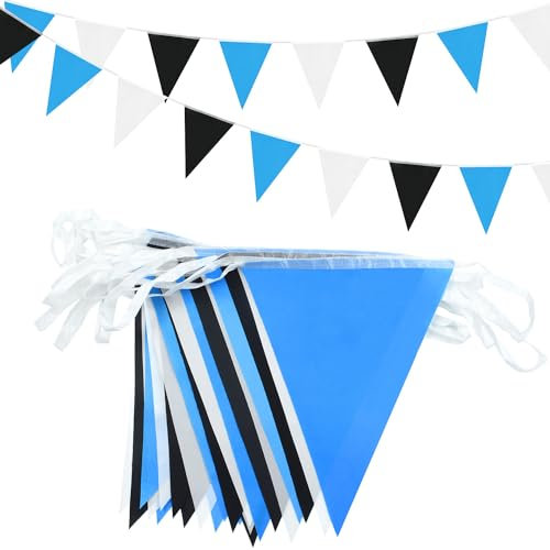 20M/66ft bannière de Banderole Noire Blanche et Bleue, 52 pièces bannières triangulaires en Tissu pour intérieur extérieur Anniversaire Baby Shower Mariage Jardin décorations de fête à la Maison