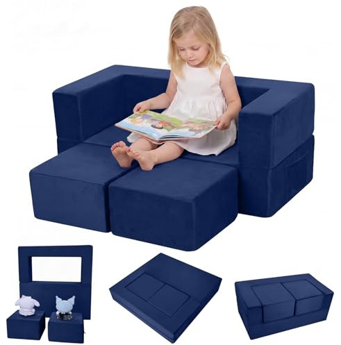 MeMoreCool Kids Play Sofa Bed, Modular Toddler Chair Couch, Kids Couch Lounger Fold Out, Baby Floor Chair Bedroom Furniture, Navy Blue