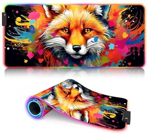 Tapis de Clavier pour Souris Laser/Optique Mignon Animal Renard LED Tapis de Souris Gaming XXL ROG Tapis de Souris de Jeu Extra Large (90x40x0,3) cm Tapis de Bureau