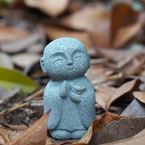 OwMell Statue de moine jizo japonais en prière, statue de Bouddha Jizo - Statue commémorative - Décoration d'aquarium pour jardin ou extérieur - 6,6 cm - tenant un oiseau