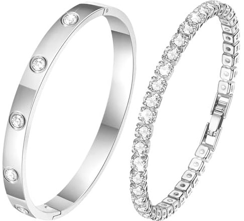 Ahokei Silber Armreif Silber Armband Damen Schmuck, 2PC Titan-Stahl Tennisarmband Armbänder Set 18CM Edelstal Armbänder Damen Armreifen, Geschenk für Sie Frauen Freund Tochter