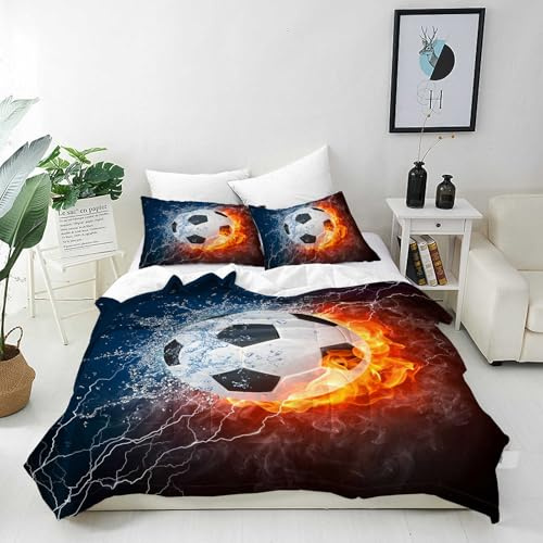 ANHOPE Parure de Lit Sport Thème Flamme Football Housse de Couette 140x200 cm avec 1 Taies d'oreiller 65x65 cm Microfibre Literie avec Fermeture Éclair pour Enfants Garçons Filles