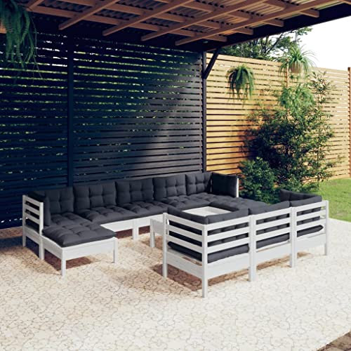 11-tlg. Garten-Lounge-Set mit Kissen Weiß Kiefer Massivholz,Modulares Garten LoungeSet aus Kiefernholz in Weiß mit Anthrazitfarbenen Sitzkissen Entspannung & Gemütlichkeit für Garten und Terrasse