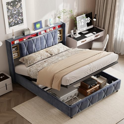 Generisch Polsterbett Doppelbett 140x200cm, Funktionsbett - Kopfteil mit LED-Beleuchtung und USB-Ladeanschluss und Staufach, Bettgestell mit Stauraum, Bett mit Holzlattenrost, Samt, Grau