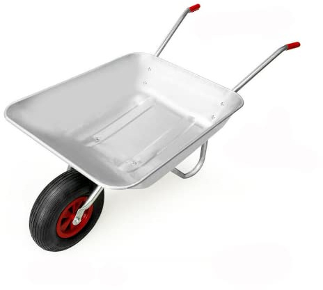 Crystals 65L Wheelbarrow Home Garden Galvanised Heavy Duty Steel Cart with Pneumatic Tyre, Silver