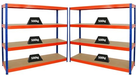 PROREGAL Mega Deal 2er-Sparset Profi-Schwerlastregal Dino HxBxT 180x200x60 cm Fachlast 500kg Blau/Orange, Kellerregal, Steckregal, Garagenregal, Lagerregal