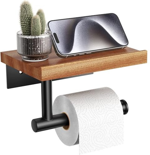 Tindbea Porte Papier Toilette Mural avec étagère Tablette, Support Mural en Bois pour Rouleau de Papier Hygiénique, Accessoires de Salle de Bain en Acier Inoxydable Noir Mat (Sapele, Matte Black)