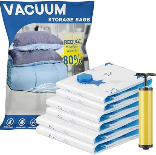 Vacuum Storage Bags, Vacuum Seal Bags for Clothes, Bedding, Comforters, Pillows – Space Saver Suction Bags with Pump, Airtight Compression Bags – 6-Pack (2 Jumbo, 2 Large, 2 Medium)