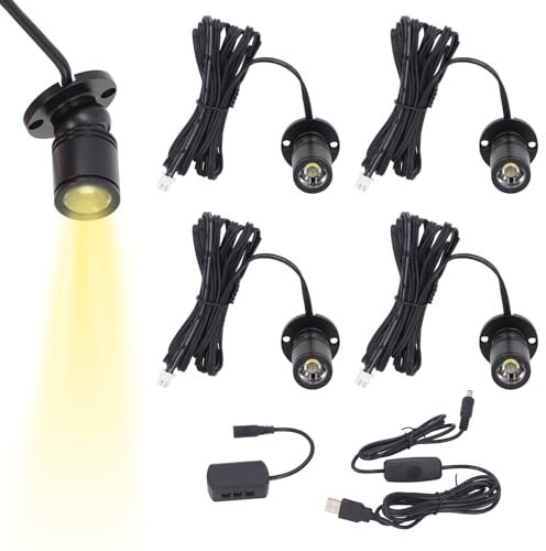 Jwthee 4 piccoli faretti da interni, 5 V, dimmerabili, a LED, alimentati tramite USB, mini faretti per espositori, mensole per gioielli, armadi, ingressi, tavoli e mensole (luce calda)