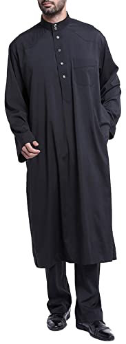 CCOOfhhc Kaftan Herren Baumwolle Leinen Thobe Männer Knopf Hoch Eid Robe Ethnisch Nachthemd Für Männer Ferace Stehkragen Kaftan Mittlerer Osten Retro Mekka Kleidung Baumwolle Leinen Islamisch Robe