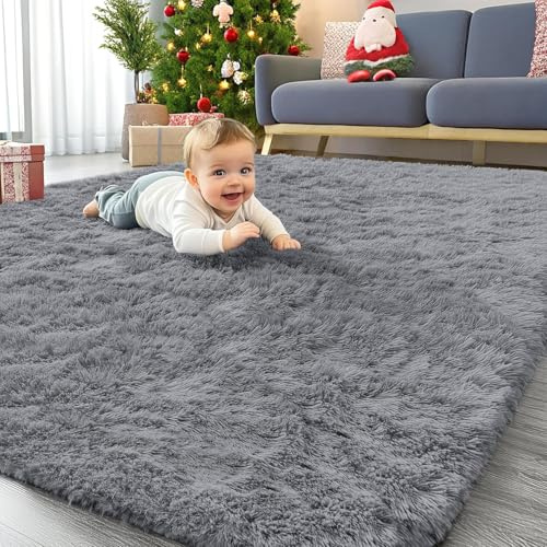 Homaxy Alfombra de Pelo Largo, Antideslizante, Parte Inferior Lavable, Alfombra Grande para salón, habitación de los niños, Dormitorio - 200 x 280 cm, Gris