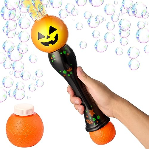 JOYIN Halloween-pumpa-tvålbubbelpinne med ljus, lysande automatisk såpbubbelmaskin med 2 tvålbubbellösningar, leksaker för halloween-festgåvor, karnevalspriser