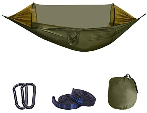 Hamaca grande de camping para 2 personas con mosquitera, material ligero de paracaídas, diseño fácil de desplegar, ideal para columpios al aire libre y colgar en el árbol, portátil y duradera