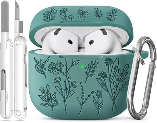 Joremx Silikon Niedliches Grasmuster Hülle (Grün-für AirPods 4) | Case mit entzückendem lasergraviertem Pflanzenmuster, Damen & Mädchen Schutzhülle, inkl. Reinigungsset & Schlüsselanhänger