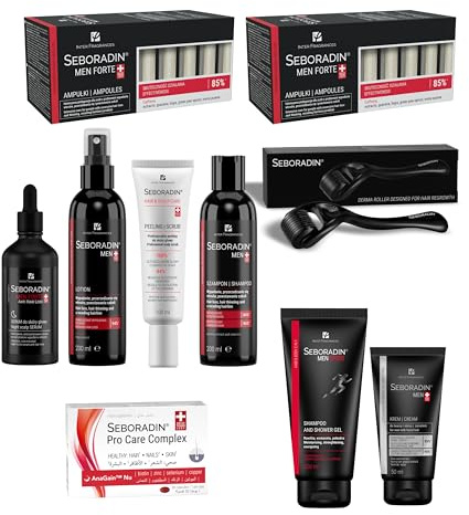 SEBORADIN Maria Black Set PRO fo Men - Ampoules - Dermaroller - Anti Hair Loss Night Scalp Serum - Shampoo 200 ml - Lotion 200 ml - Scalp Peeling Face Cream 50 ml - Shower Gel 2in1 - Pro Care Complex