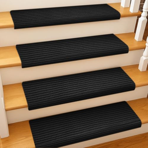 BREEZENEST 15 PCS Self-Adhesive Stair Treads for Carpet Steps - Non-Slip Stair Mats, Fabric Reusable Anti-Slip Stair Pads for Home Pets & Elders (Black, 60x23cm)