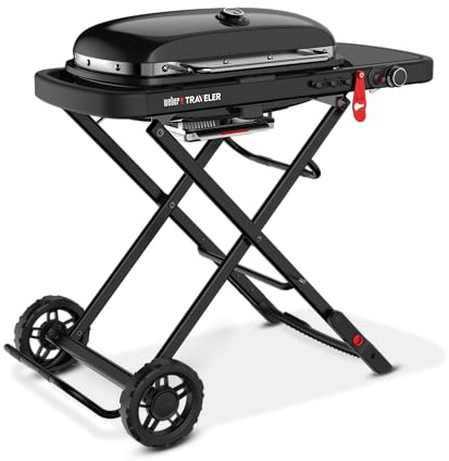 Weber Traveler Tragbarer Gasgrill mit klappbarem Untergestell und Rädern, Stealth Edition