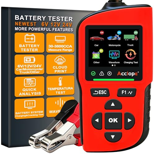 Acclope BT90 PRO CCA 30-3800 Testeur de Batterie,Compatibilité 6V/12V/24V, AGM/EFB/GEL/LiFePO4, 2–360Ah, Test Système Start-Stop et Démarrage, Impression Cloud, SOH/SOC/Tension/Rés, SAE/EN/IEC/CA/MCA