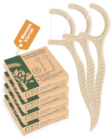 200x fil dentaire avec manche naturel fils dentaires cure dent sans plastique soie dentaire Natural Dental Floss Picks Écologique Bâtonnets de fil dentaire en maïs et paille vegan(4x50)