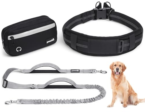 Pecute Correa Perro Cintura Antitirones, Correas Manos Libres con Bolsillo Impermeable & Desmontable, Doble Asa, Cuerda Elástica Amortiguadora, Adecuado para Correr, Caminar y Entrenar, para 15-55kg