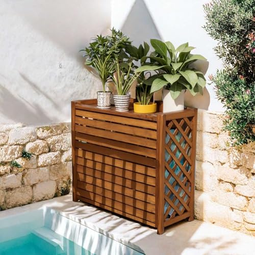 Cubierta de aire acondicionado para exteriores, valla de madera rústica y decorativa, diseño de rejilla gruesa para soporte de plantas de jardín, color marrón, estilo rústico (S)
