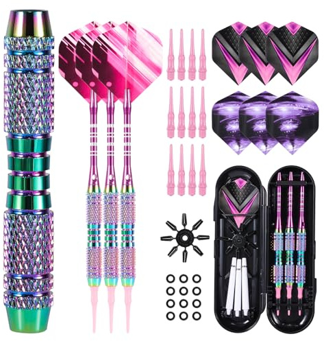 WinRoot Juego de 3 dardos de 18 g con arco iris de cobre puro, barra de aluminio de alta calidad, plumas de PET, puntas de plástico, anillos y caja de transporte