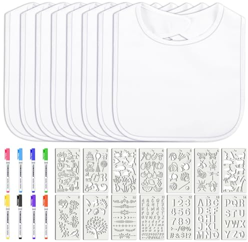 Vicloon Baberos de Bebé para Pintar, 8 Baberos Blancos Impermeables de Algodón con 8 Bolígrafos Textiles y 14 Plantillas, DIY Creativo para Bebé, Regalos para Baby Shower (30 x 20 cm)