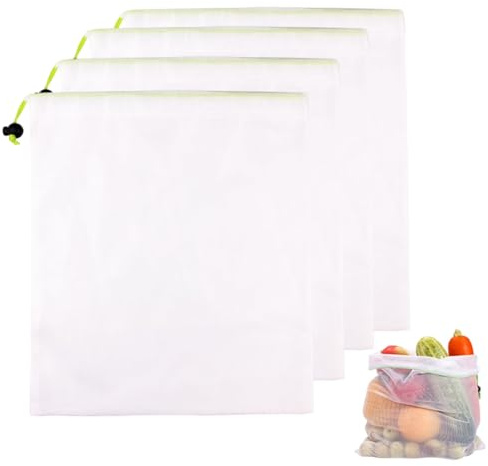 Hedayu Net Bag Vegetable Bags Mesh Drawstring, Reusable Produce, 4Pcs | Reusable Produce Bags, Small Toy Storage Bag, Clear Organiser Bag for Food Fruit Vegetables Grocery Shopping Travel and Toys
