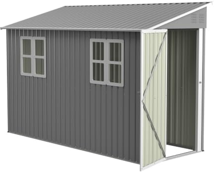 Abri en métal de 4 x 10 pieds avec kit de sol, toit en appentis avec double porte et 2 fenêtres, abri stable pour jardin, terrasse, cour, environ 1,2 x 3 m, gris