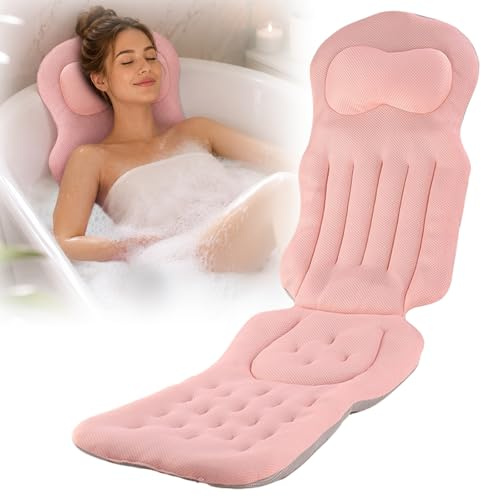 Badkarskudde med kudde, 4D-badkarskudde helkropp, tjock badkarsmatta med nackstöd för nacke, rygg och ben, med sugkoppar och hängkrok (rosa)