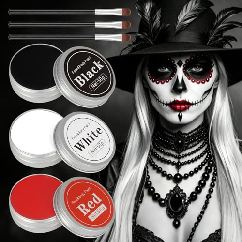 AYBUY Kroppsfärger, svart, vit, röd, med 3 penslar, halloween, teatersmink, professionell ansiktsfärger, barnsminksset, ansiktsmålning och bodypaint färger, barn, vuxna för karneval, 150 g
