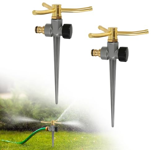 Lot de 2 arroseurs de pelouse en métal, 3 bras et 5 trous, arroseurs de jardin à 360 degrés avec base à pointes et buse en laiton réglable, pulvérisateur d'arrosage rotatif automatique pour pelouse