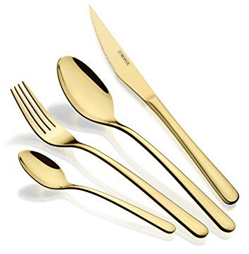 Monix Pisa Gold Set de Cubiertos de 24 Piezas, Acabado Pulido Brillante Dorado, Acero Inoxidable 18/10, diseño contemporáneo, Espesor 3 mm