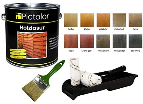 Pictolor Holzlasur 2,5 Liter Eiche hell + Lasurpinsel 70mm + Walzenset